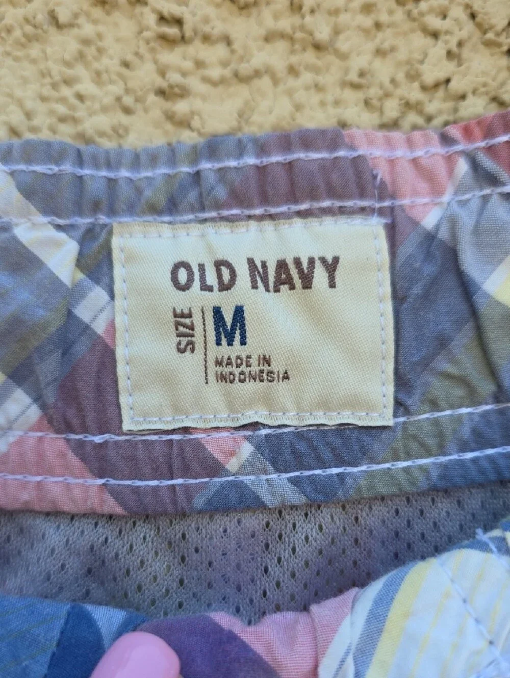 Plaid Drawstring Swim Trunks in Coral, Blue & Yellow
